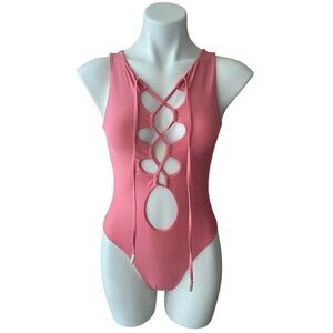 NWT Pink One-Piece Dual Swimsuit & Bodysuit Front Cut-Out Lace-Up Detail Large